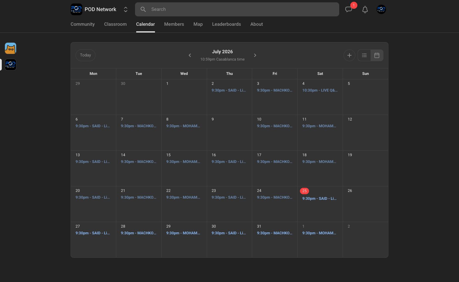 POD Network calendar with recurring live sessions